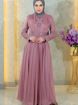 Gül Kurusu Simli Şifon Taş Detaylı Drapeli Abiye Elbise