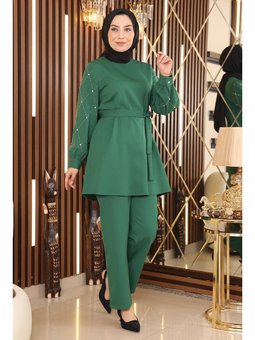 İnci Detaylı Zümrüt Yeşili Takım