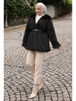 Kemerli Kürklü Siyah Ceket