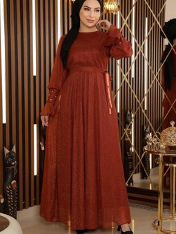 Kiremit Simli Şifon Taş Detaylı Abiye Elbise