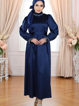 Lacivert Saten İncili Abiye Elbise