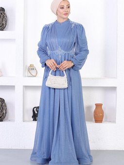 Mavi Simli İncili Dantelli Abiye Elbise