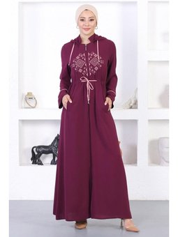 Nakışlı Kapüşonlu Mürdüm Ferace