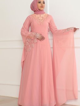 Pudra Dantel Detaylı Abiye Elbise