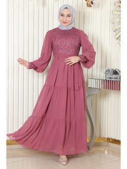 Pulpayetli Şifon Abiye Elbise Gül Kurusu