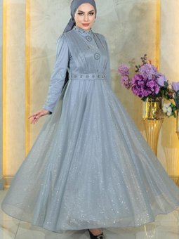 Simli Göğsü Drapeli Gümüş Taş Detaylı Şifon Abiye Elbise