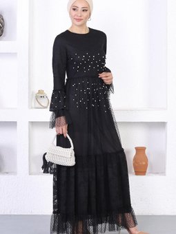 Siyah Dantelli Volan Kol İncili Abiye Elbise