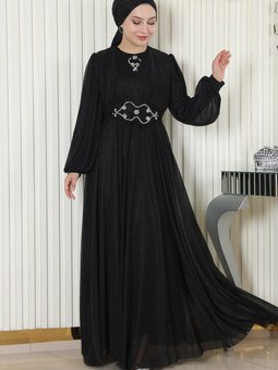 Siyah Simli Şifon Drapeli İnci Detaylı Abiye Elbise