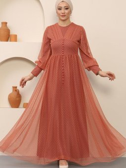 Somon Düğme Detaylı Tül Abiye Elbise