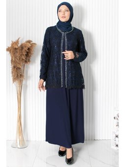 Dantelli Pul Payet Detay Abiye Elbise Lacivert