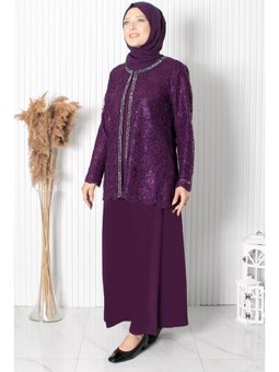 Dantelli Pul Payet Detay Abiye Elbise Mürdüm