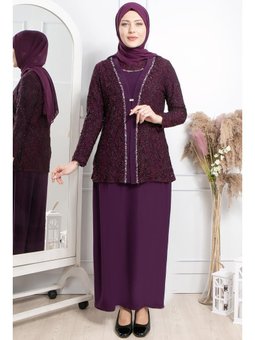 İşlemeli Ceket Detaylı Abiye Elbise Takım Mürdüm