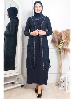 Taş İşleme Detaylı Abiye Elbise Lacivert