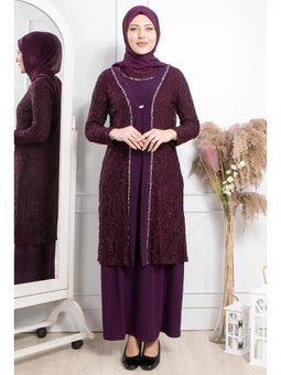 Taş İşleme Detaylı Abiye Elbise Mürdüm