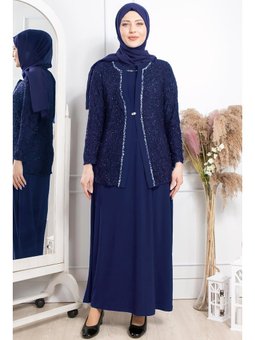 Taş İşleme Detaylı Simli Abiye Elbise Lacivert