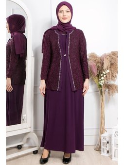 Taş İşleme Detaylı Simli Abiye Elbise Mürdüm