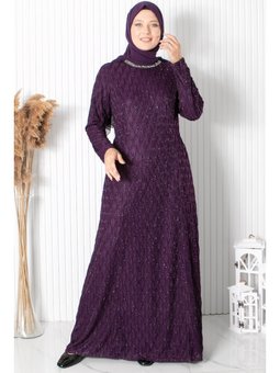 Taş İşleme Detaylı Simli Abiye Elbise Mürdüm