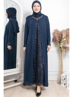 Taş İşlemeli Pul Payetli Abiye Elbise Lacivert