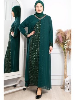 Taş İşlemeli Pul Payetli Abiye Elbise Yeşili Zümrüt