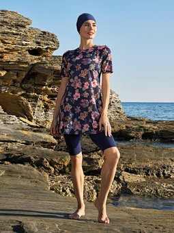 Ruko Çiçek Desenli Yarım Kol Lycra ( Esnek Ve Su İtici ) Kumaş Yarı Mayo Lacivert