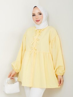Poplin Kumaş Fiyonklu Balon Kol Tunik