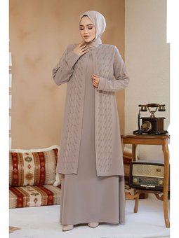 Boncuk İşlemeli Bej Abaya 29120bej