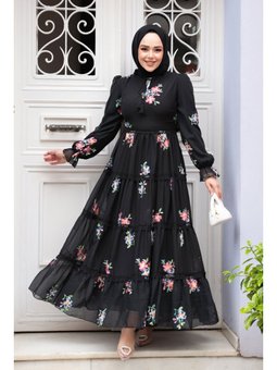 Çiçek Desenli Siyah Elbise 32815s