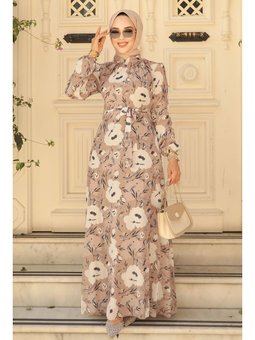 Çiçek Desenli Vizon Elbise 27939v