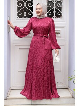 Desenli Bordo Abiye Elbise 23272br