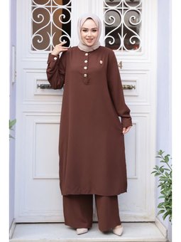 Düğme Detaylı Kahverengi İkili Takım 76642kh