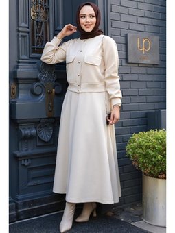 Düğmeli Bej Etekli İkili Takım 12261bej