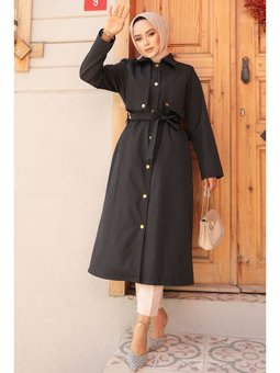 Düğmeli Siyah Trençkot 62131s