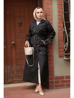 Düğmeli Siyah Trençkot 7261s