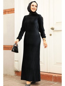 Pileli Siyah Kadife Elbise 17120s