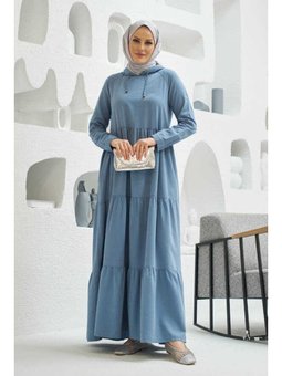 Denim Kapüşonlu Reglan Kollu Elbise Mavi