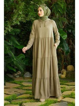 Denim Parça Boya Kapüşonlu Elbise Haki