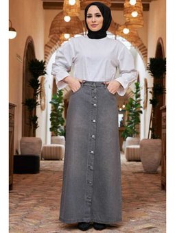 Düğmeli Kot Etek Gri
