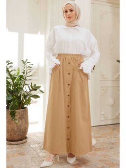 Düğmeli Pileli Etek Bej