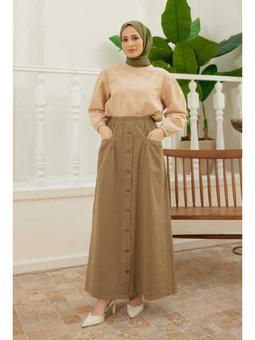 Düğmeli Pileli Etek Haki