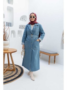 Kuşaklı Denim Ceket Mavi