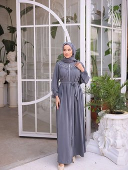 Açık Gri Robalı Boncuklu Ferace