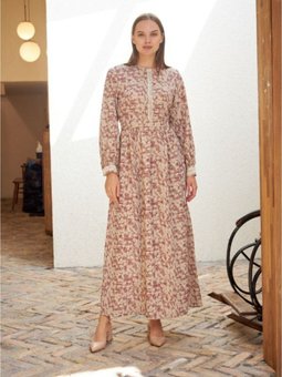 Pembe Çıtır Desen Kuşaklı Keten Elbise