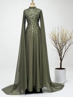 Haki Boncuk İşlemeli Şifon Pelerin Detaylı Dantel Abiye Elbise