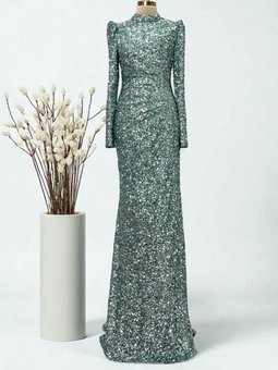 Mint Yeşili Bel Detayı Drapeli Pullu Kumaş Dantel Abiye Elbise