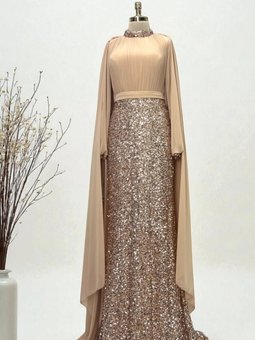 Şifon Pelerin Detaylı Eteği Boncuk İşlemeli Büyük Beden Bakır Renk Abiye Elbise