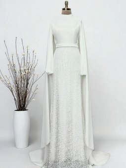 Şifon Pelerin Detaylı Eteği Boncuk İşlemeli Büyük Beden Ekru Abiye Elbise