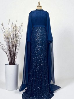 Şifon Pelerin Detaylı Eteği Boncuk İşlemeli Büyük Beden Lacivert Abiye Elbise