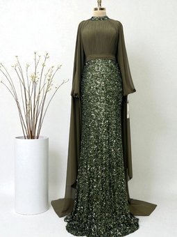 Şifon Pelerin Detaylı Eteği Boncuk İşlemeli Haki Abiye Elbise