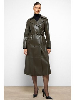 Apolet Detaylı Kruvaze Deri Haki Trençkot