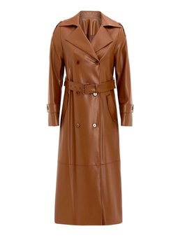 Apolet Detaylı Kruvaze Deri Taba Trençkot